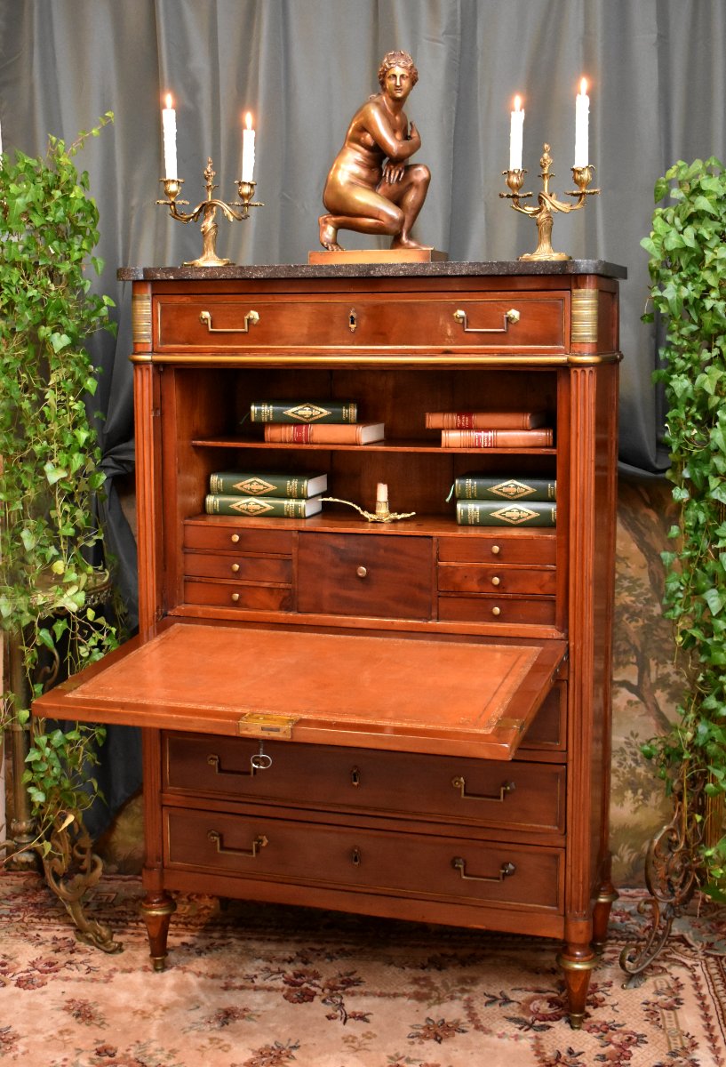 Louis XVI Period Secretary, Early Directoire, 18th Century, Speckled Mahogany, Cloverleaf Locks-photo-4