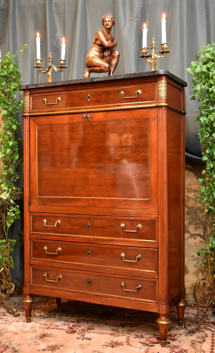 Louis XVI Period Secretary, Early Directoire, 18th Century, Speckled Mahogany, Cloverleaf Locks-photo-3