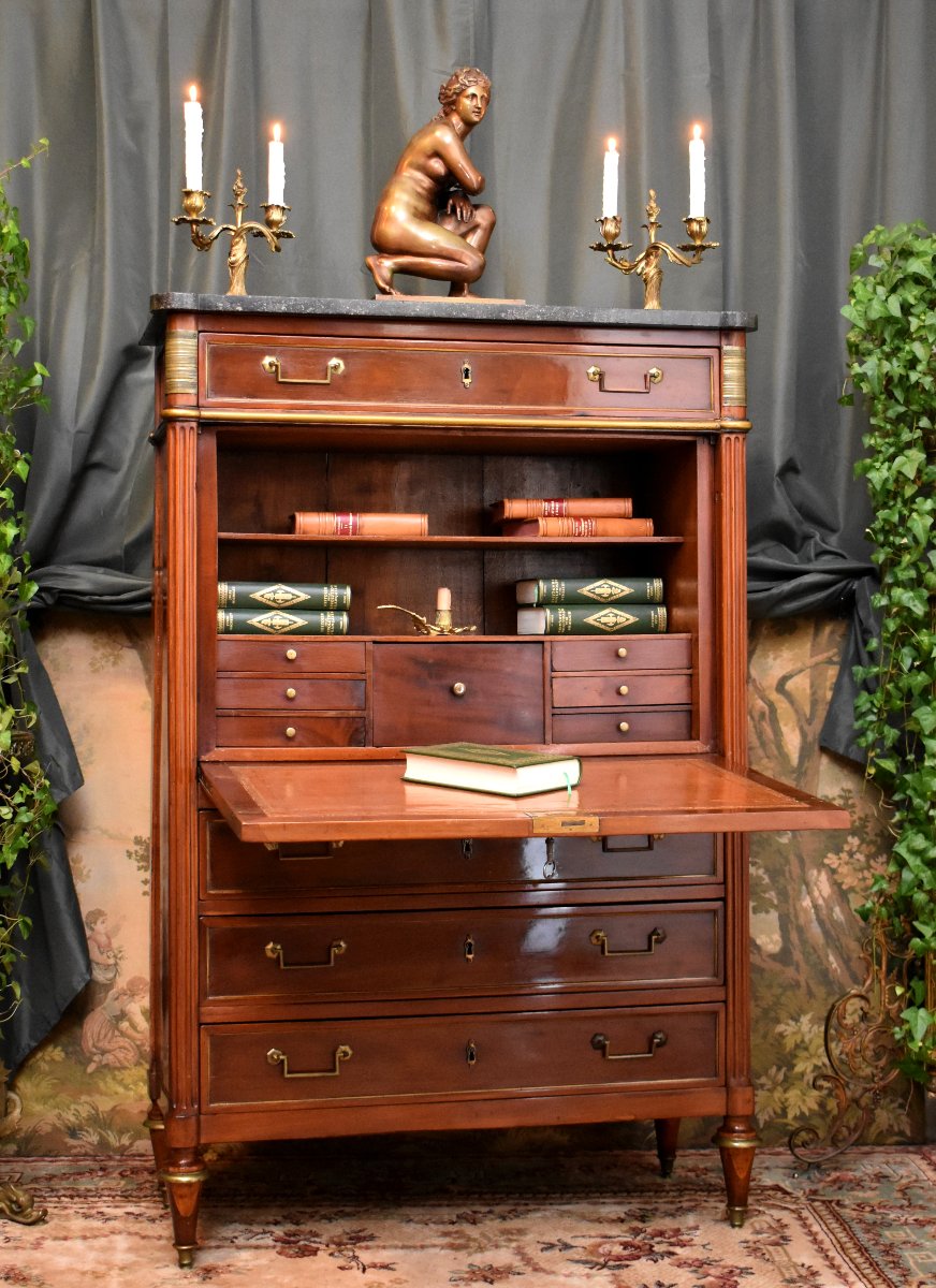 Louis XVI Period Secretary, Early Directoire, 18th Century, Speckled Mahogany, Cloverleaf Locks