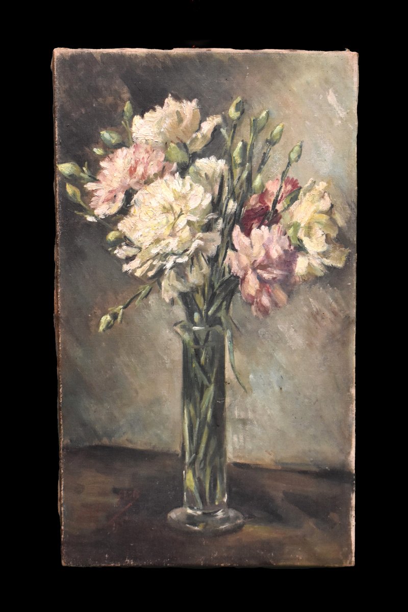Bouquet d' œillets, Oil On Canvas , Vase Of Carnations On Entablature-photo-2