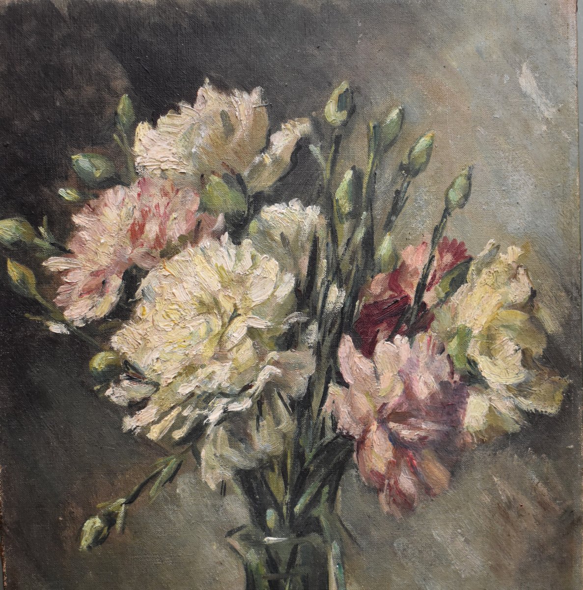Bouquet d' œillets, Oil On Canvas , Vase Of Carnations On Entablature-photo-3