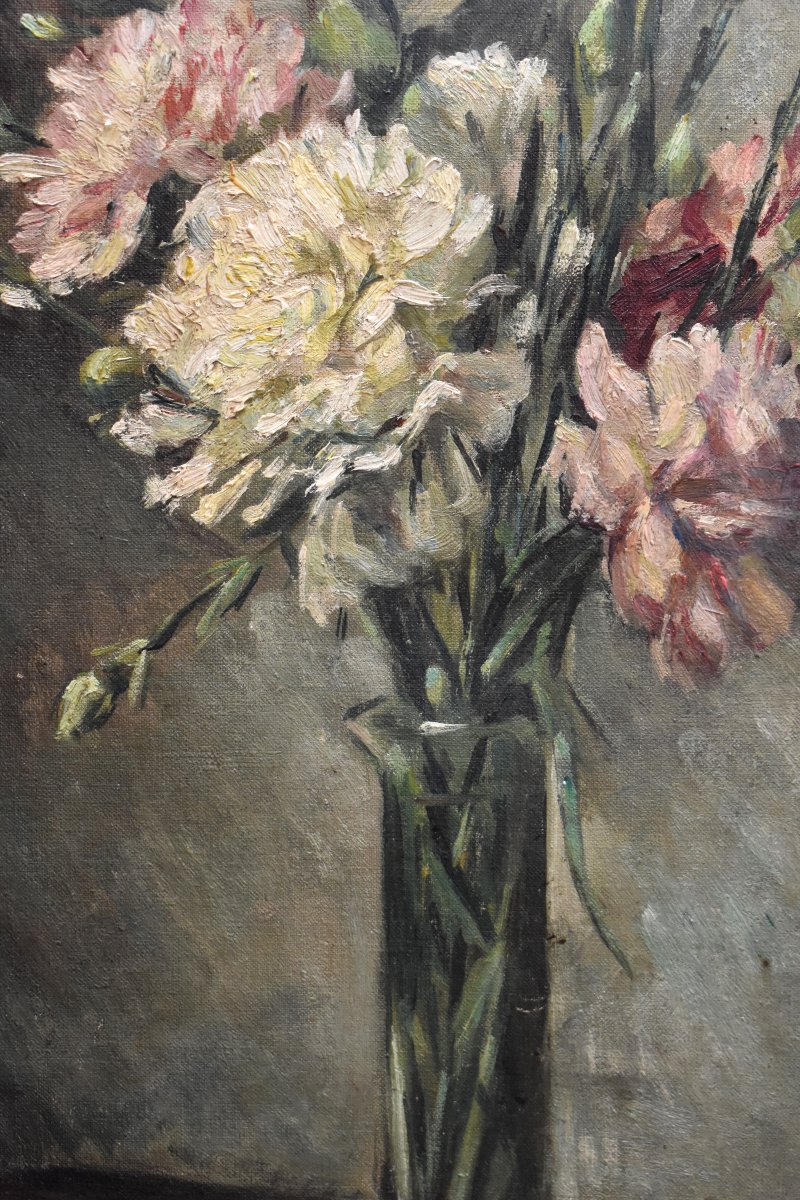 Bouquet d' œillets, Oil On Canvas , Vase Of Carnations On Entablature-photo-4