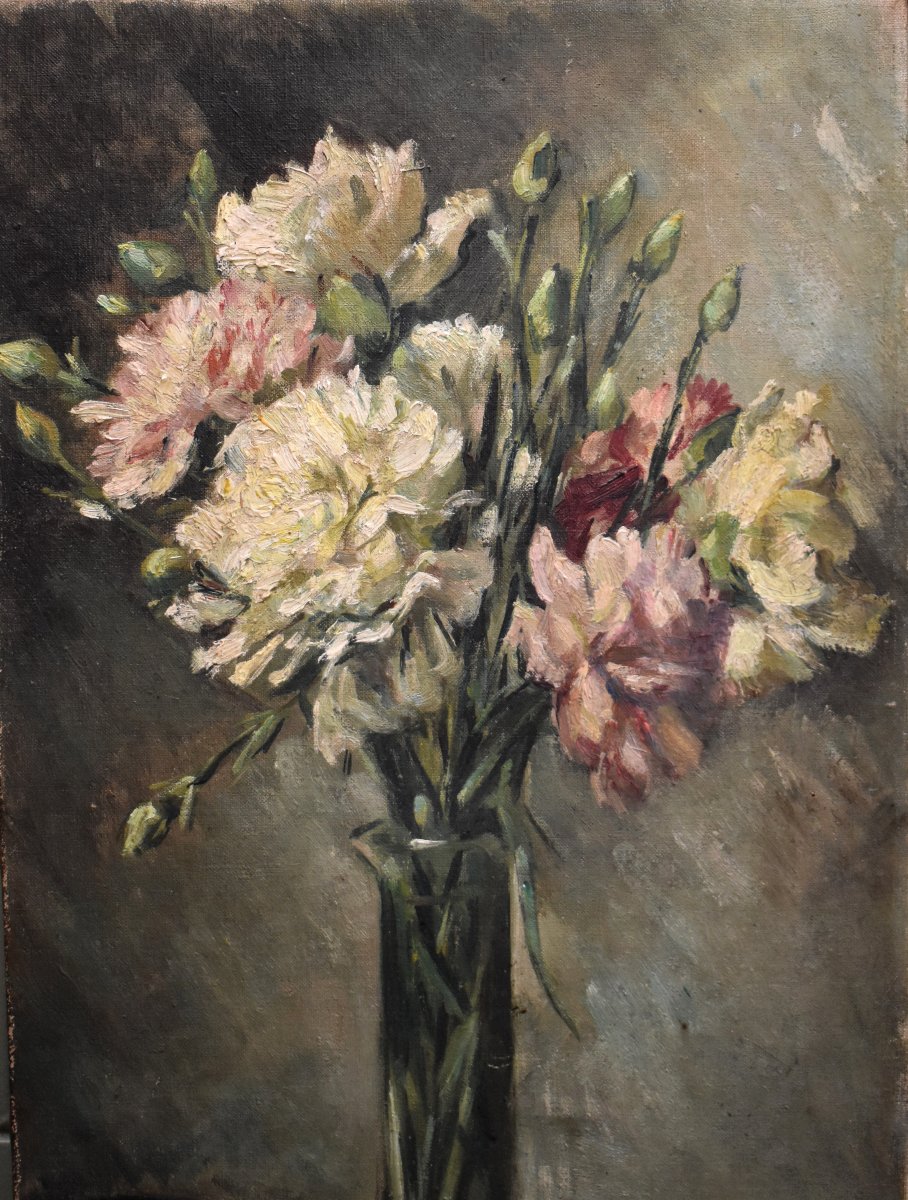 Bouquet d' œillets, Oil On Canvas , Vase Of Carnations On Entablature-photo-2