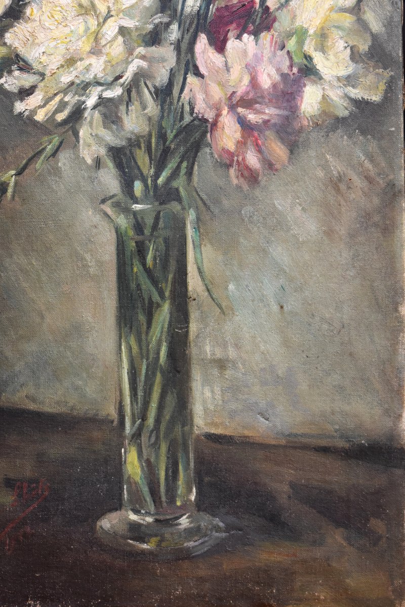 Bouquet d' œillets, Oil On Canvas , Vase Of Carnations On Entablature-photo-3