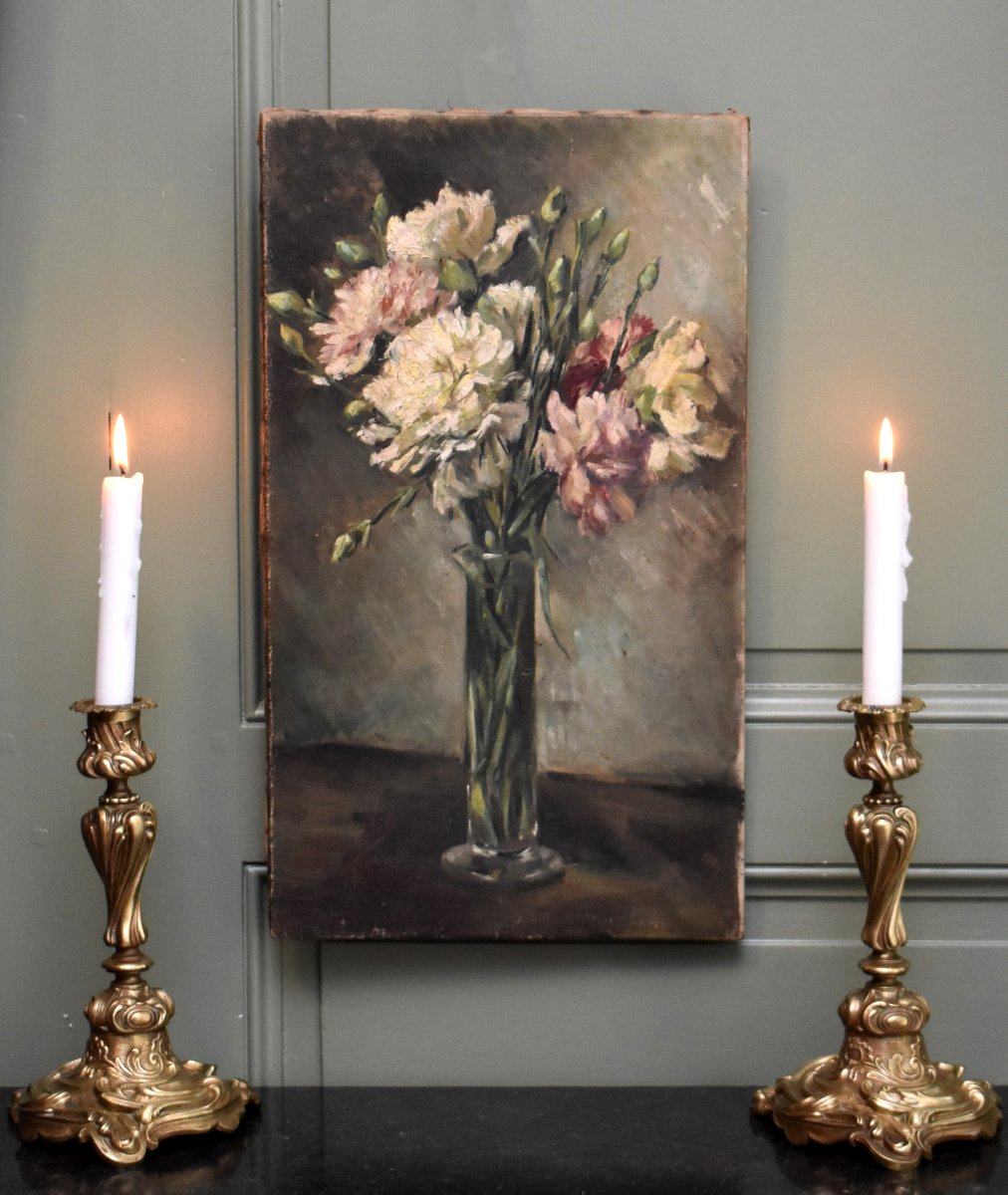 Bouquet d' œillets, Oil On Canvas , Vase Of Carnations On Entablature
