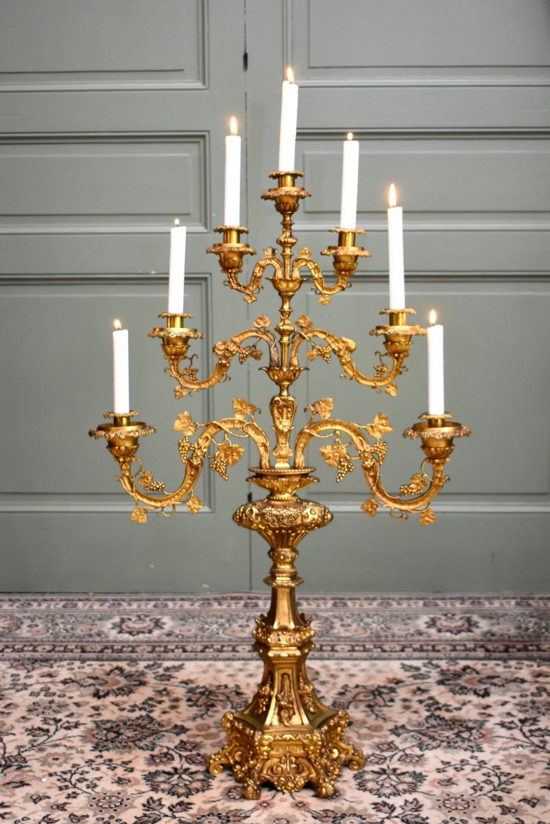 Large Altar Candelabrum With Vine Vines, Seven Lights, Candleholder, Candelabra, Gilded Bronze -photo-2