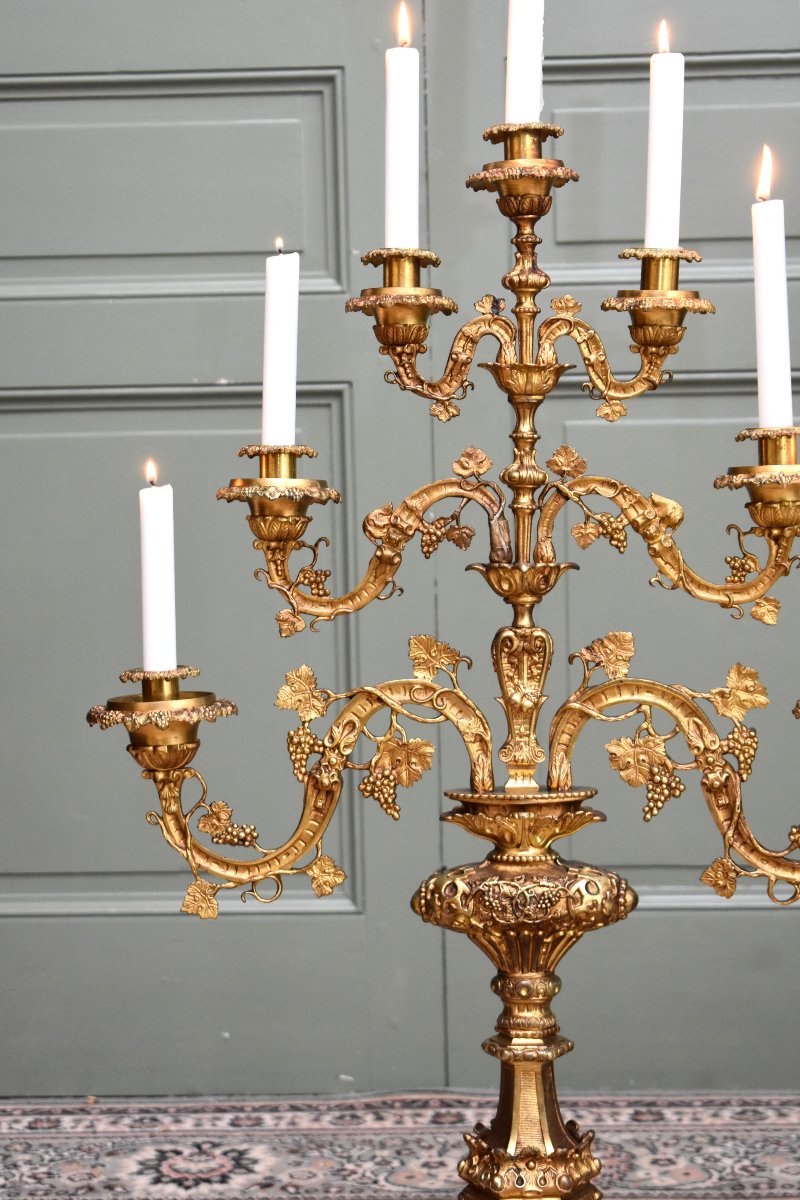 Large Altar Candelabrum With Vine Vines, Seven Lights, Candleholder, Candelabra, Gilded Bronze -photo-3