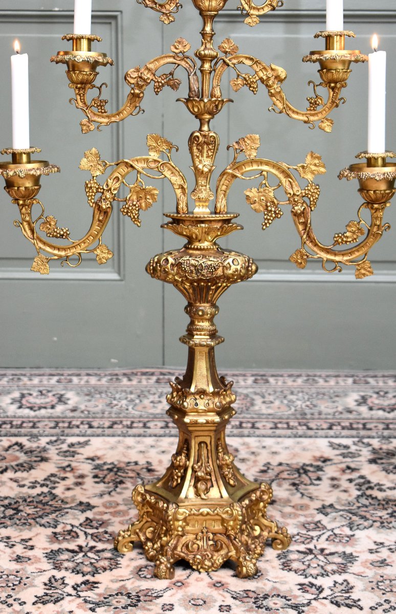 Large Altar Candelabrum With Vine Vines, Seven Lights, Candleholder, Candelabra, Gilded Bronze -photo-4