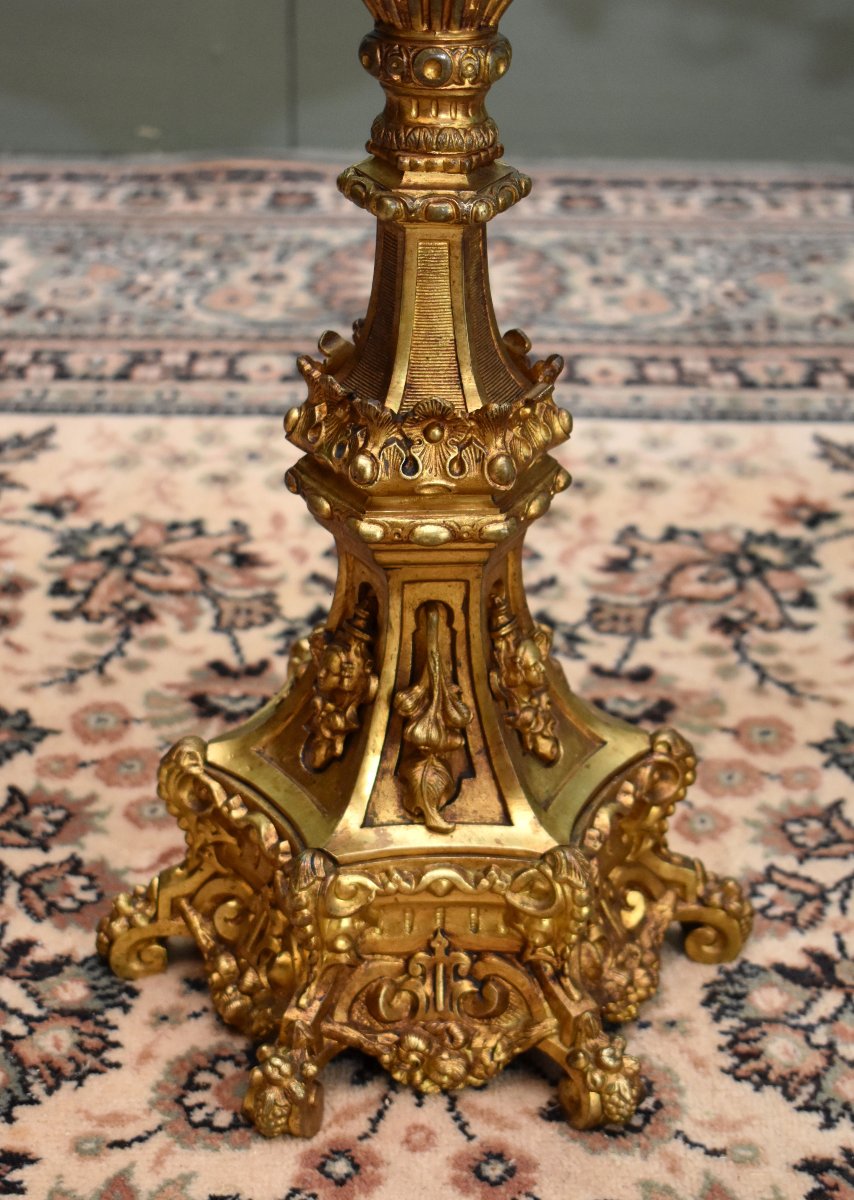 Large Altar Candelabrum With Vine Vines, Seven Lights, Candleholder, Candelabra, Gilded Bronze -photo-4