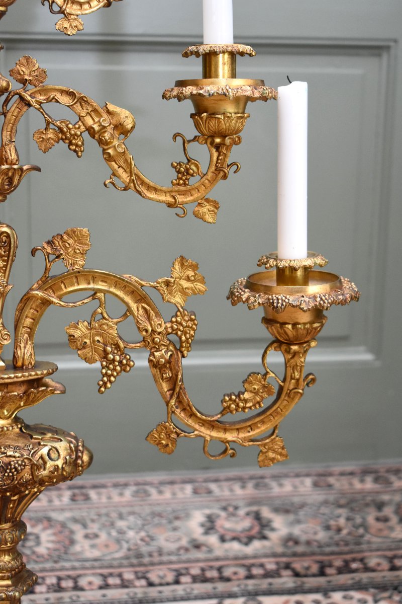 Large Altar Candelabrum With Vine Vines, Seven Lights, Candleholder, Candelabra, Gilded Bronze -photo-6