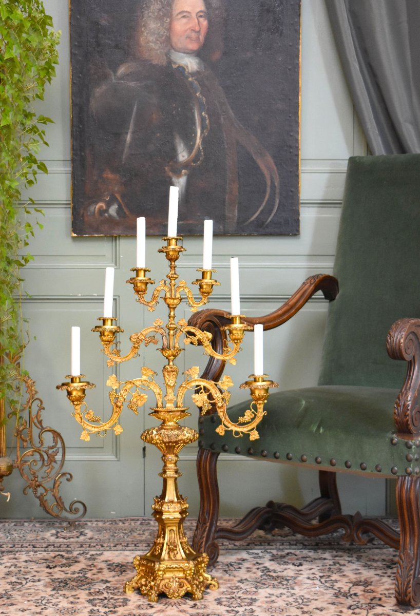 Large Altar Candelabrum With Vine Vines, Seven Lights, Candleholder, Candelabra, Gilded Bronze 