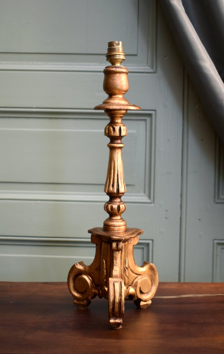 Louis XIV-style Gilded Wooden Tripod Lamp Base, Mid-20th Century-photo-3