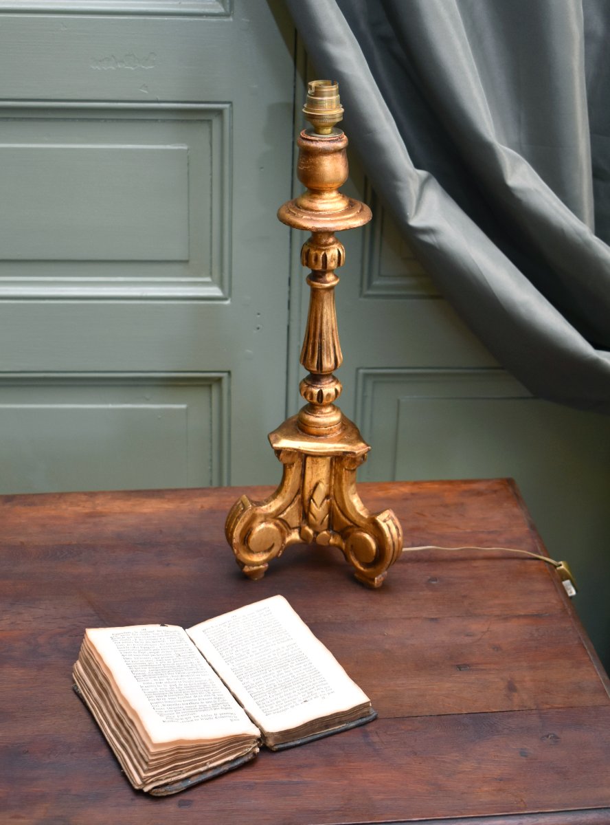 Louis XIV-style Gilded Wooden Tripod Lamp Base, Mid-20th Century-photo-5