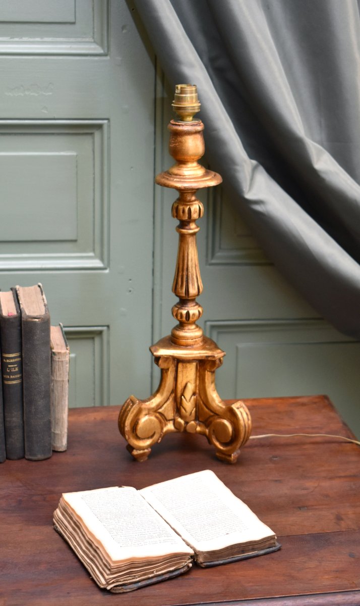 Louis XIV-style Gilded Wooden Tripod Lamp Base, Mid-20th Century