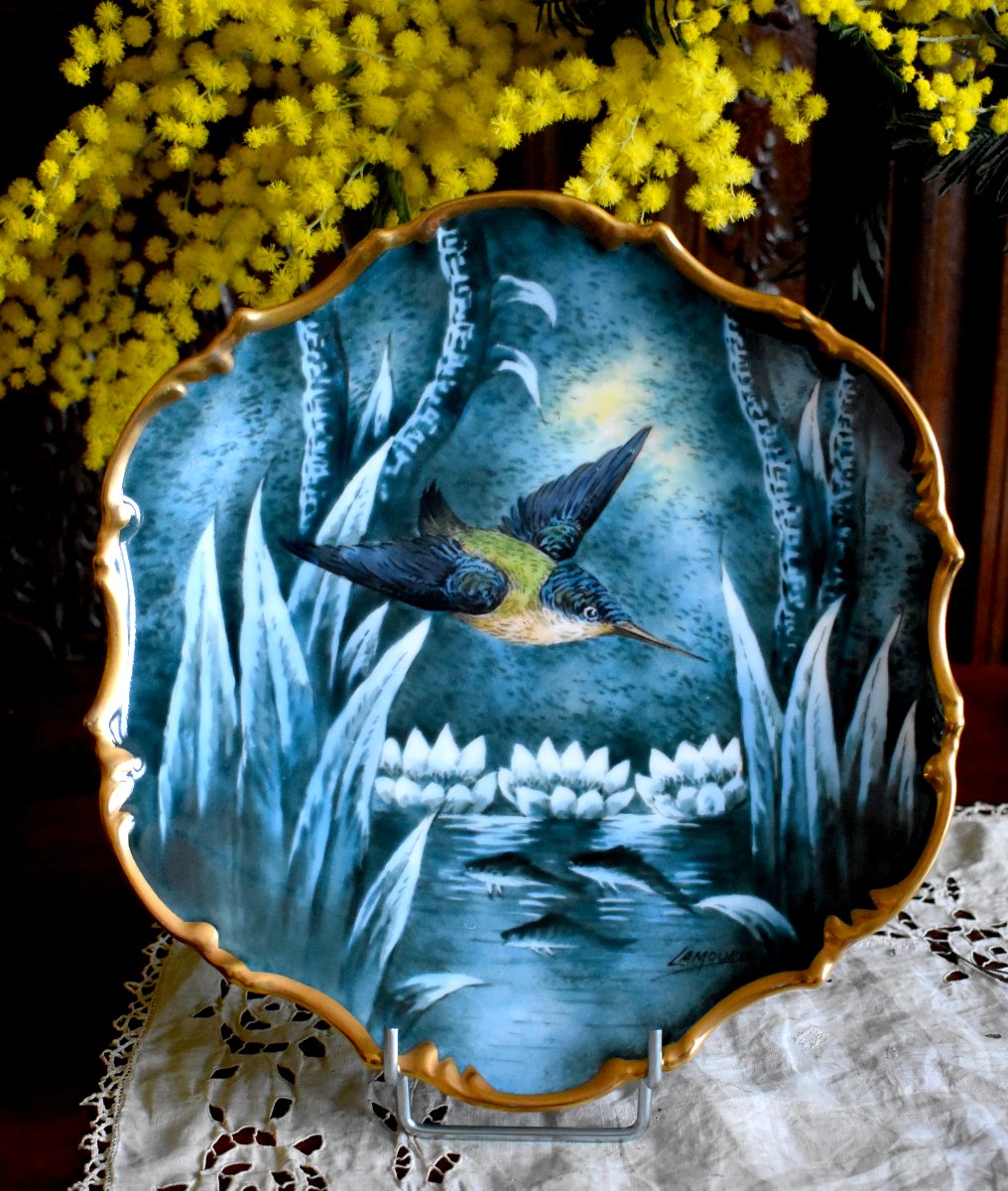 Pair Of Decorative Plates Featuring Kingfishers, Limoges Porcelain, Ateliers Pastaud-photo-3