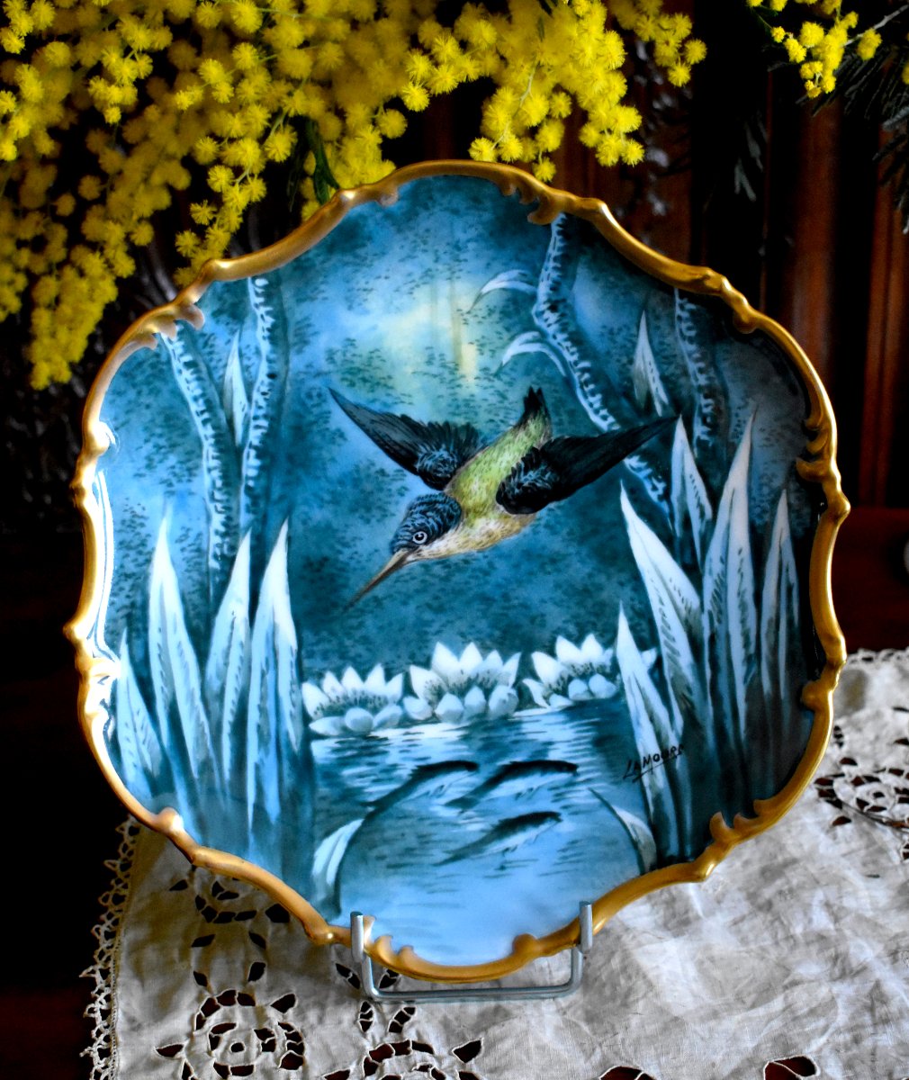 Pair Of Decorative Plates Featuring Kingfishers, Limoges Porcelain, Ateliers Pastaud-photo-4