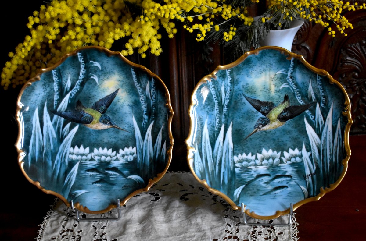 Pair Of Decorative Plates Featuring Kingfishers, Limoges Porcelain, Ateliers Pastaud-photo-8