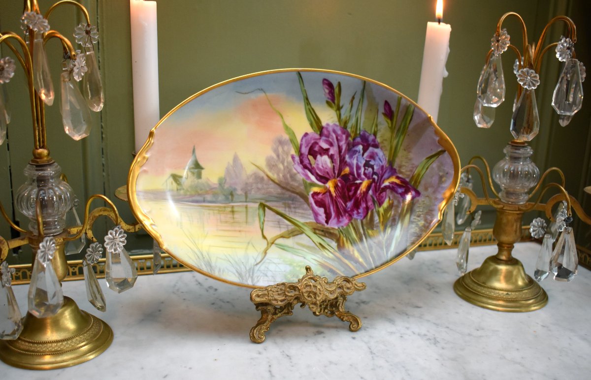 Plat Décoratif en Porcelaine de Limoges, Signé Jan, Décor aux Iris, Milieu XXème-photo-2