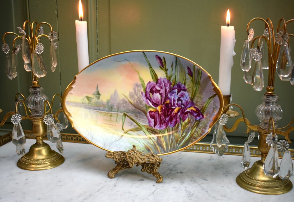 Plat Décoratif en Porcelaine de Limoges, Signé Jan, Décor aux Iris, Milieu XXème-photo-3