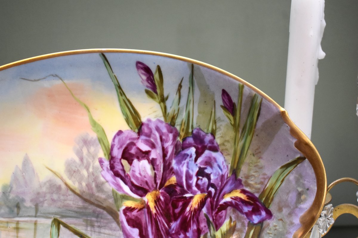 Plat Décoratif en Porcelaine de Limoges, Signé Jan, Décor aux Iris, Milieu XXème-photo-1