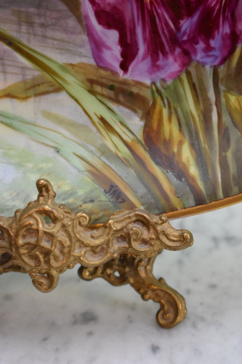 Plat Décoratif en Porcelaine de Limoges, Signé Jan, Décor aux Iris, Milieu XXème-photo-5