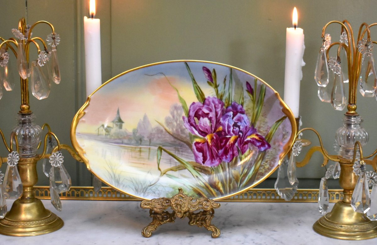 Plat Décoratif en Porcelaine de Limoges, Signé Jan, Décor aux Iris, Milieu XXème