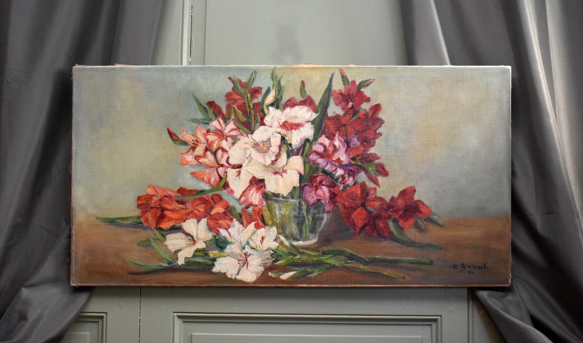 "gladioli," Oil On Canvas, Signed C. Bonnet, 1951, Still Life-photo-3