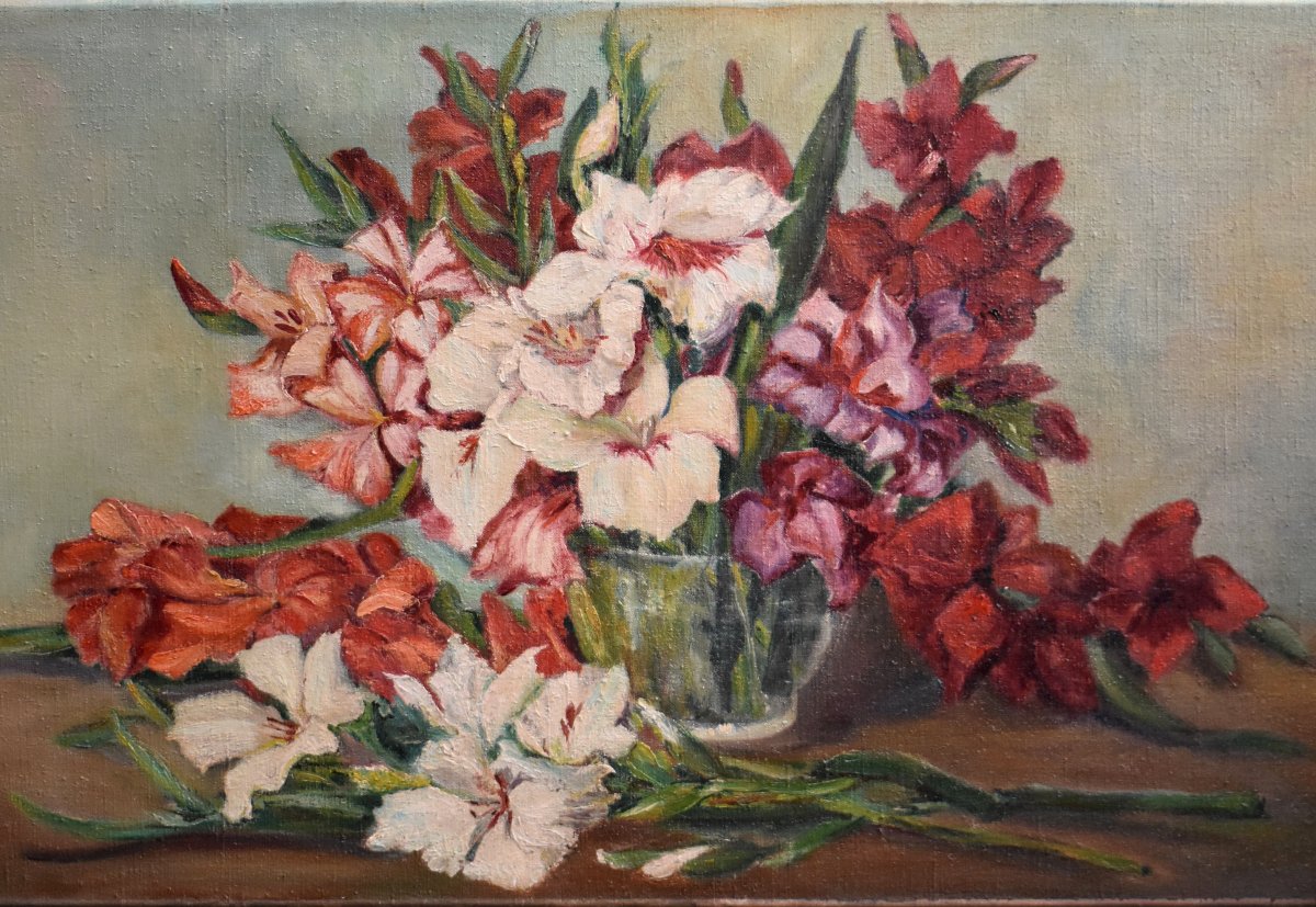 "gladioli," Oil On Canvas, Signed C. Bonnet, 1951, Still Life-photo-4