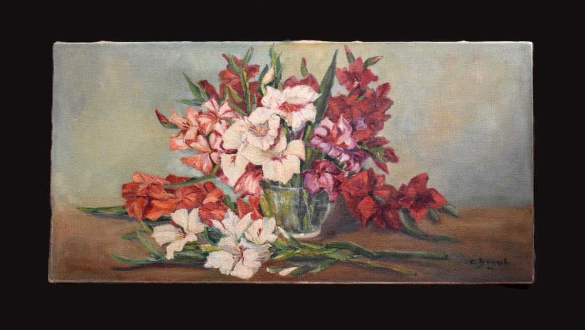"gladioli," Oil On Canvas, Signed C. Bonnet, 1951, Still Life-photo-3