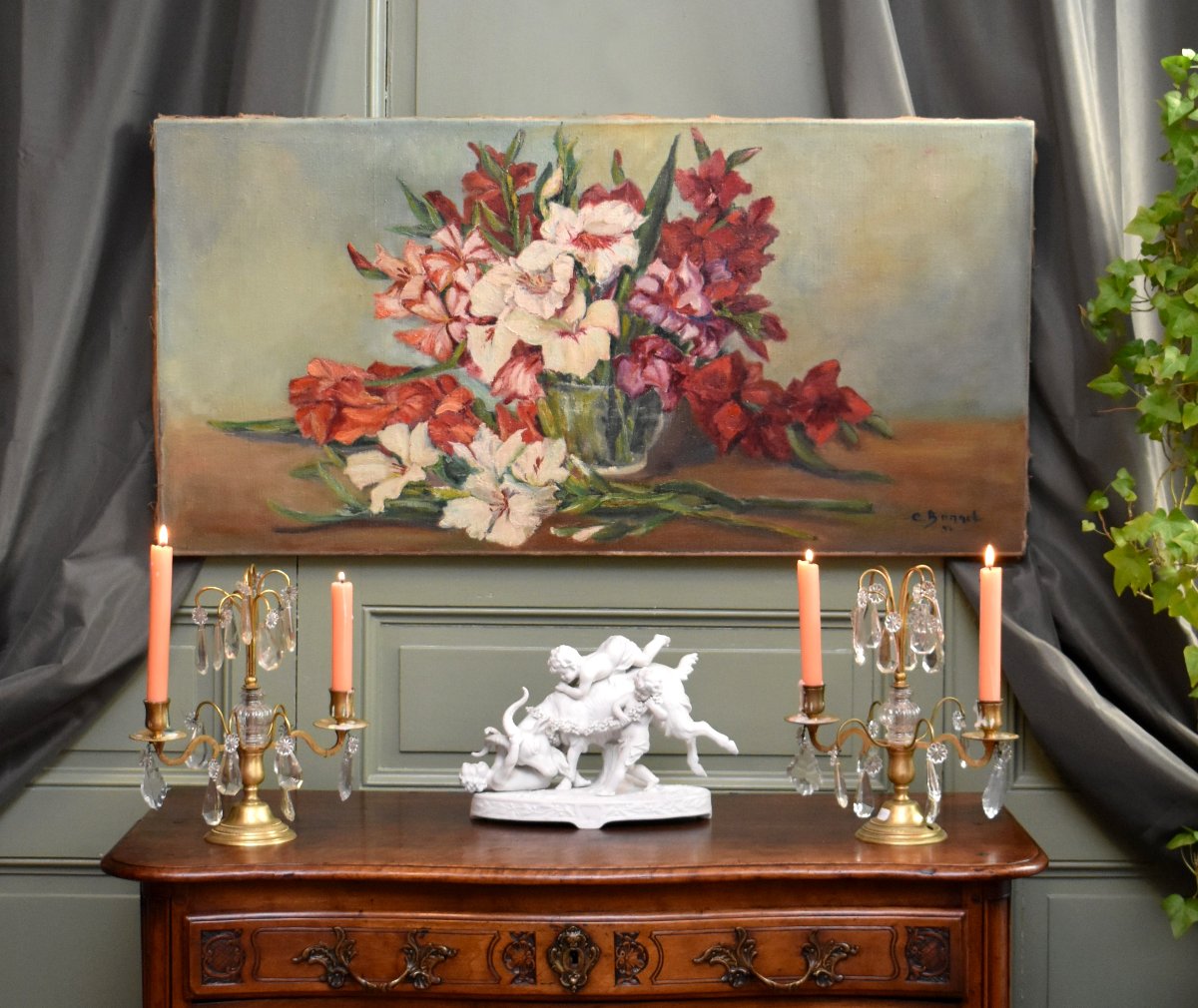 "gladioli," Oil On Canvas, Signed C. Bonnet, 1951, Still Life