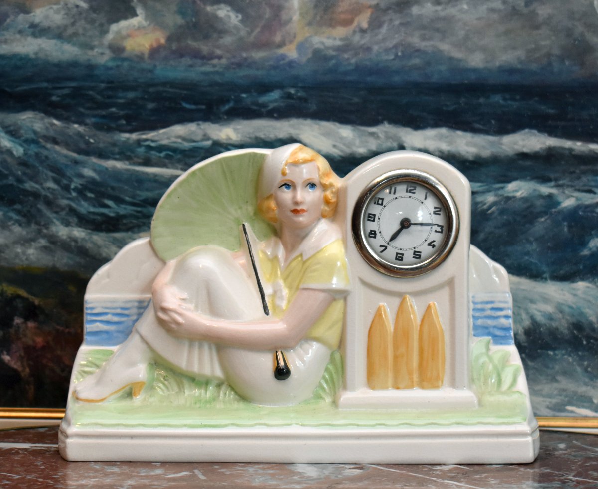  Sarreguemines, Fireplace Ornament, Wall Clock, *woman By The Sea*, Art Deco Style, 20th Century-photo-2
