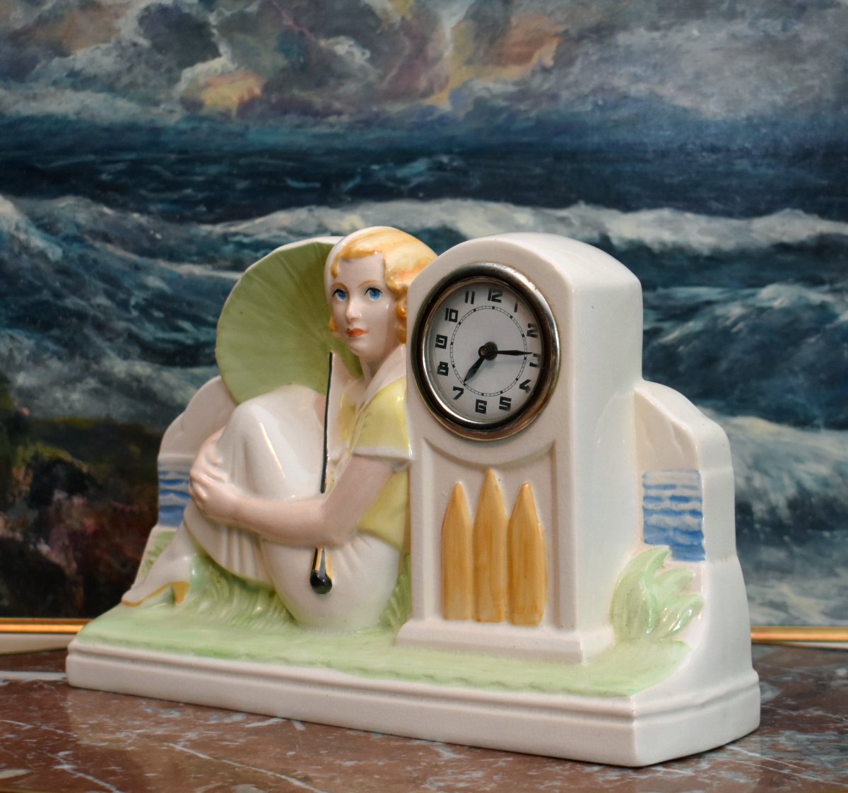  Sarreguemines, Fireplace Ornament, Wall Clock, *woman By The Sea*, Art Deco Style, 20th Century-photo-3