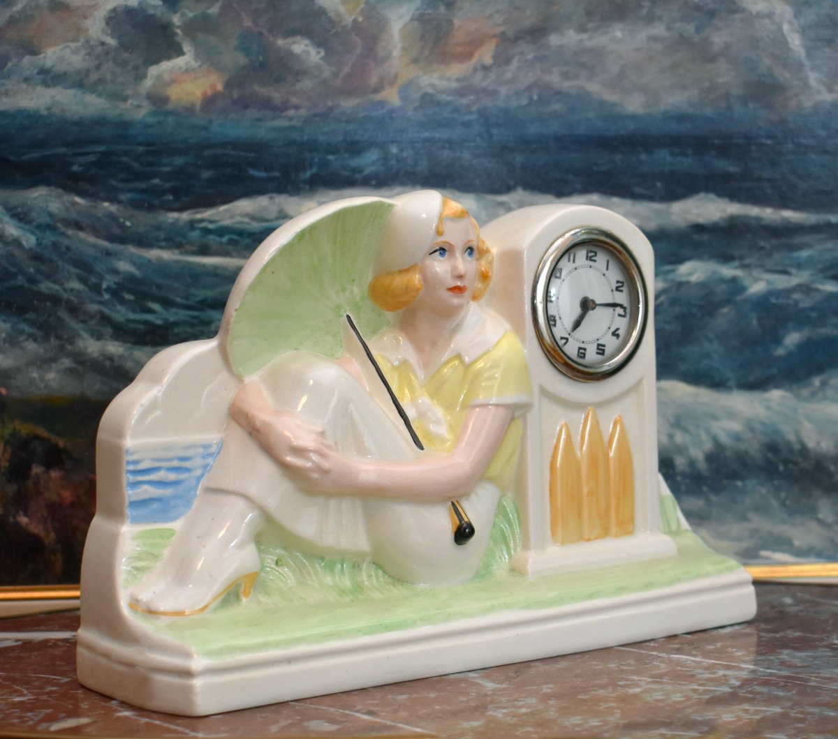  Sarreguemines, Fireplace Ornament, Wall Clock, *woman By The Sea*, Art Deco Style, 20th Century-photo-4
