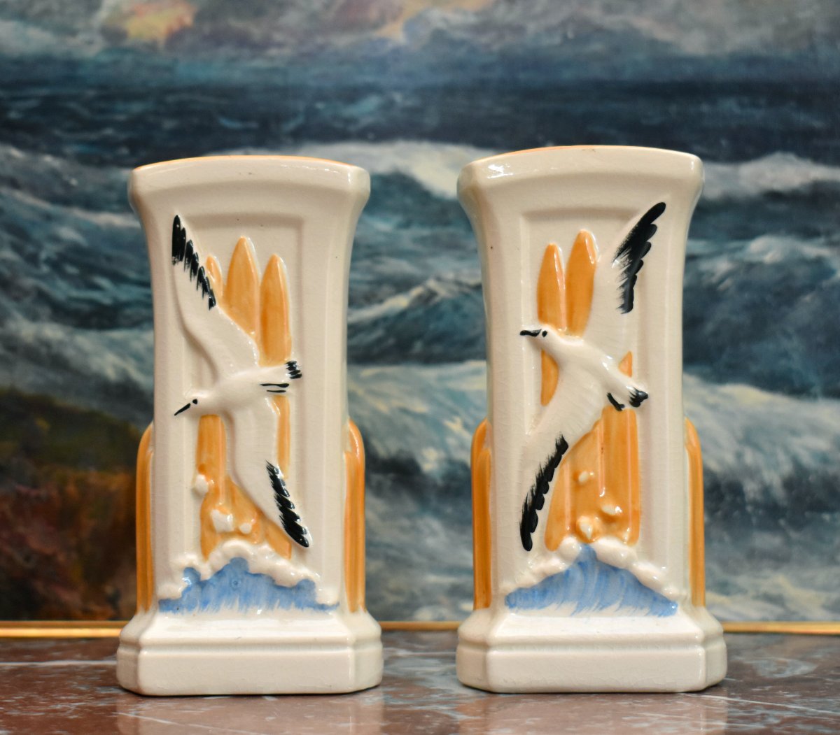  Sarreguemines, Fireplace Ornament, Wall Clock, *woman By The Sea*, Art Deco Style, 20th Century-photo-1