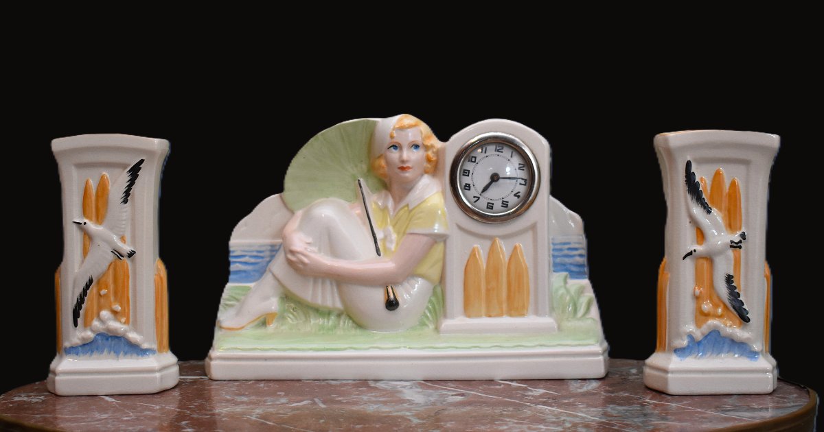  Sarreguemines, Fireplace Ornament, Wall Clock, *woman By The Sea*, Art Deco Style, 20th Century-photo-6