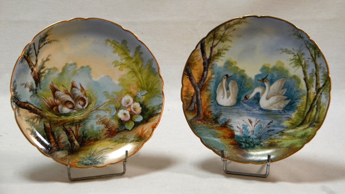 Paire d'Assiettes Aux Oiseaux, Porcelaine De Limoges, Décor Peint Main, XIX Eme, Pouyat-photo-4