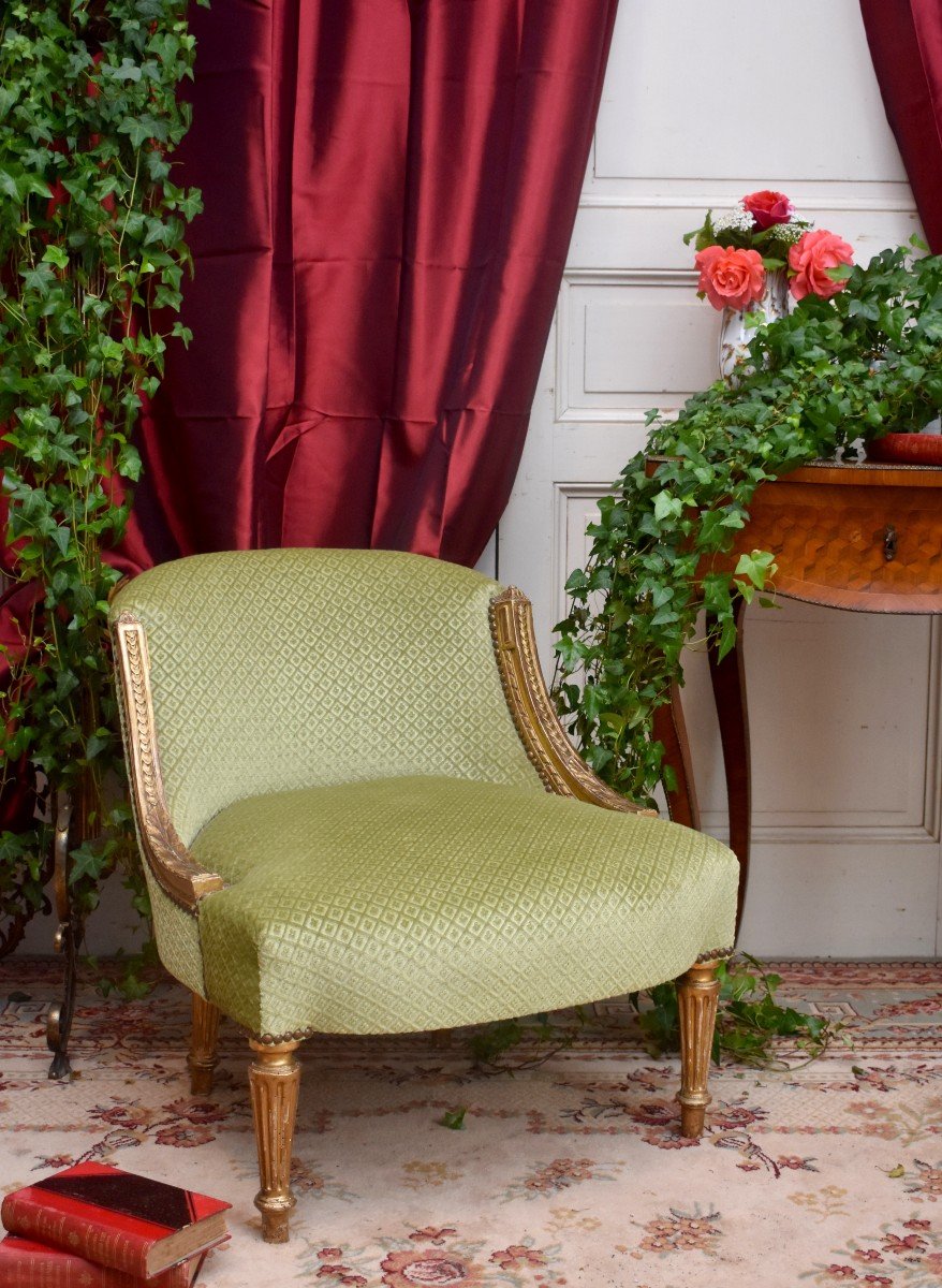 Gilded Wood Fireside Chair, Louis XVI Style, Epoque XIX