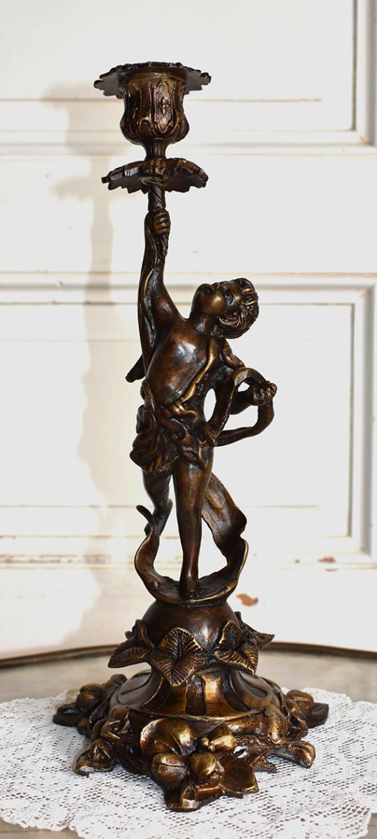 Paire De Bougeoirs En Bronze Aux  Anges, Signés Souchal, Putti, Fin XIX Eme-photo-1