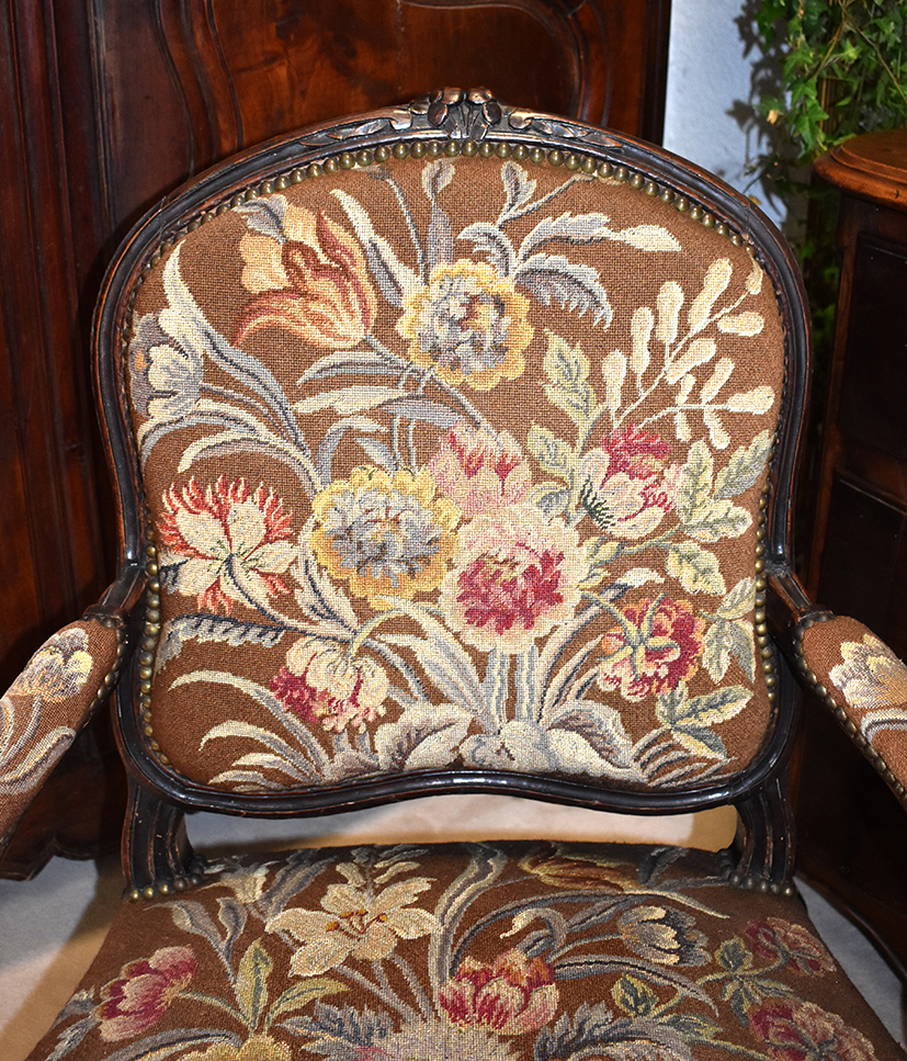 Armchair Louis XV Queen, Tapestry Au Petit Point, Epoque Eighteenth-photo-3