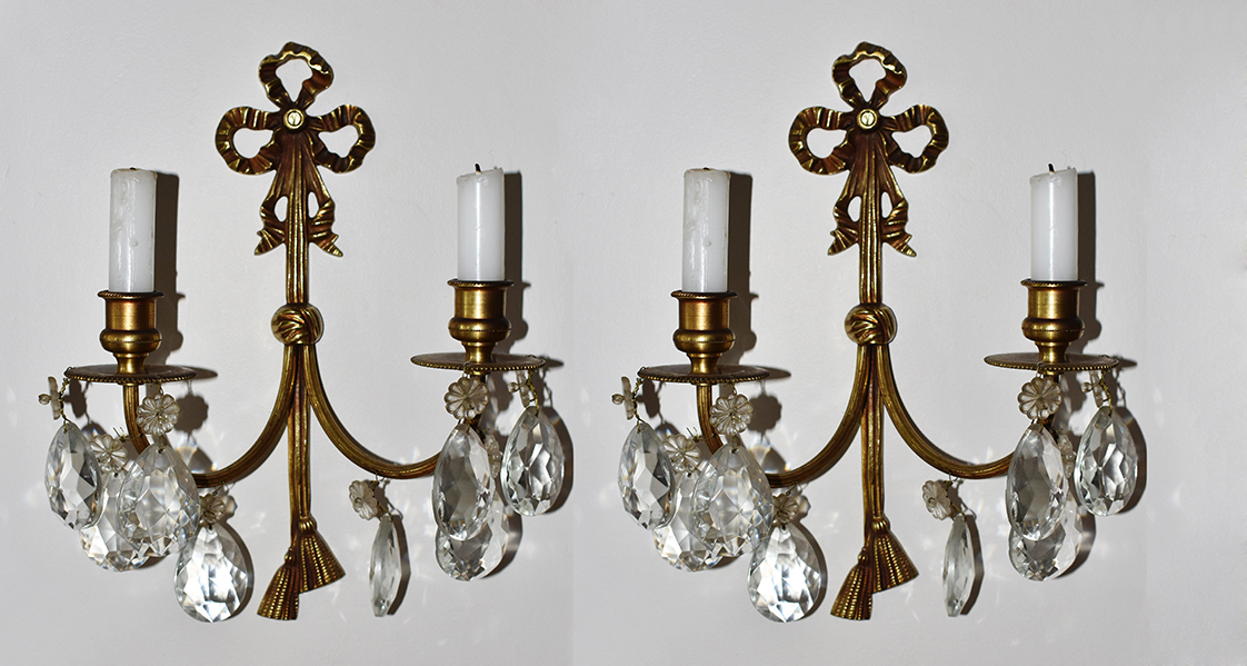 Pair Of Sconces, Candlesticks, Louis XVI Style, Gilt Bronze And Pendants-photo-2