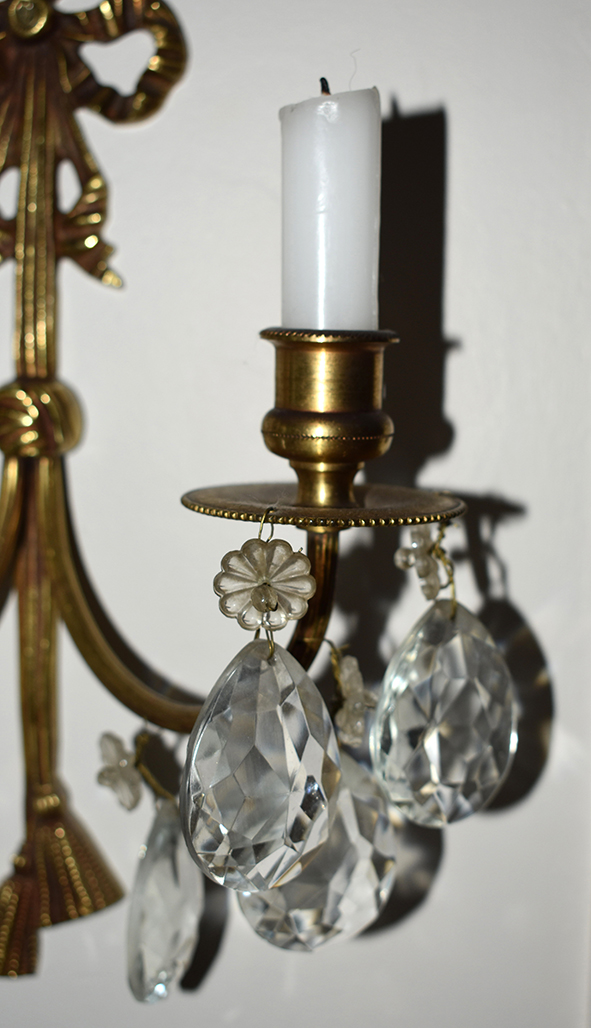 Pair Of Sconces, Candlesticks, Louis XVI Style, Gilt Bronze And Pendants-photo-4