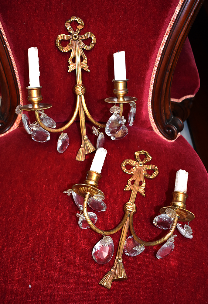 Pair Of Sconces, Candlesticks, Louis XVI Style, Gilt Bronze And Pendants-photo-8