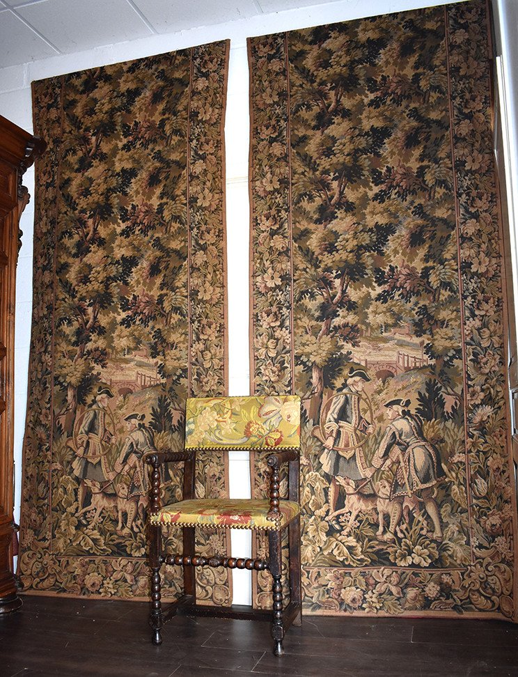 Pair Of Large Doors, Aubusson Tapestry, Theme Hunting, Height 2m88-photo-2