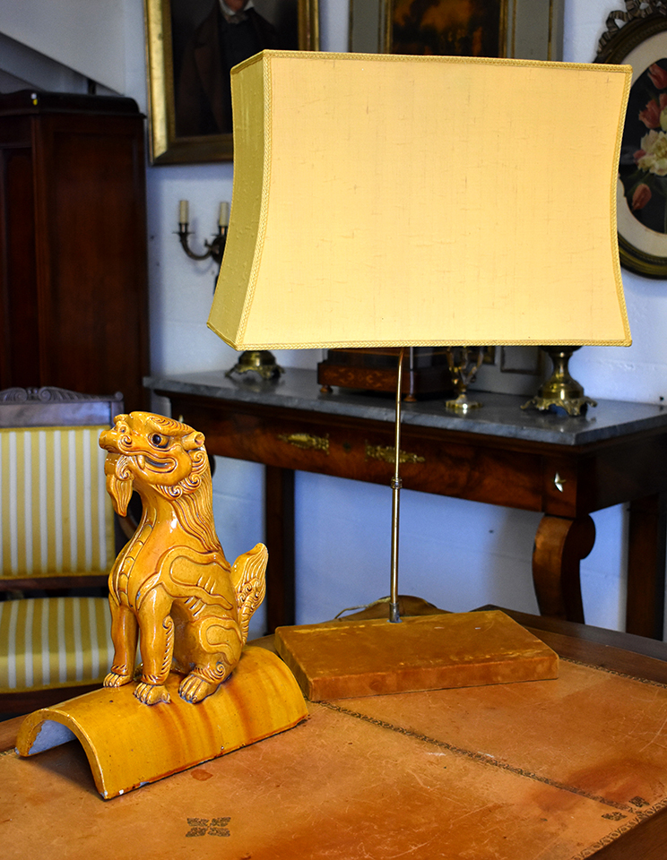 Chine, XIX&egrave;me, Lampe au Chien de F&ocirc;, Tuile Fa&icirc;ti&egrave;re En  Terre Cuite Emaill&eacute;e, Objet De Curiosit&eacute;-photo-3