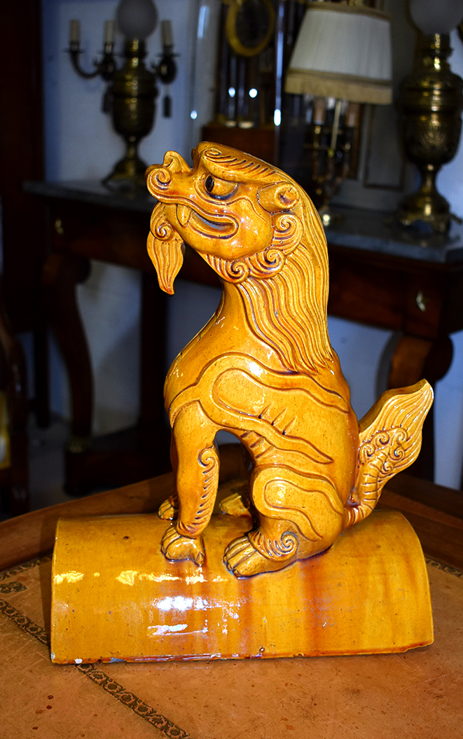 Chine, XIX&egrave;me, Lampe au Chien de F&ocirc;, Tuile Fa&icirc;ti&egrave;re En  Terre Cuite Emaill&eacute;e, Objet De Curiosit&eacute;-photo-4