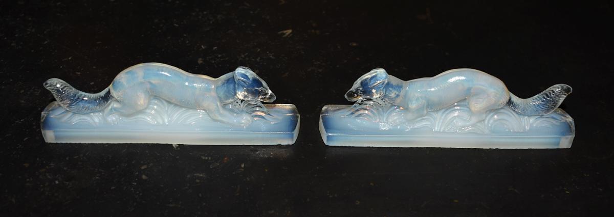 Suite Of 10 Door Knives Art Deco Squirrels, Opalescent Glass-photo-4