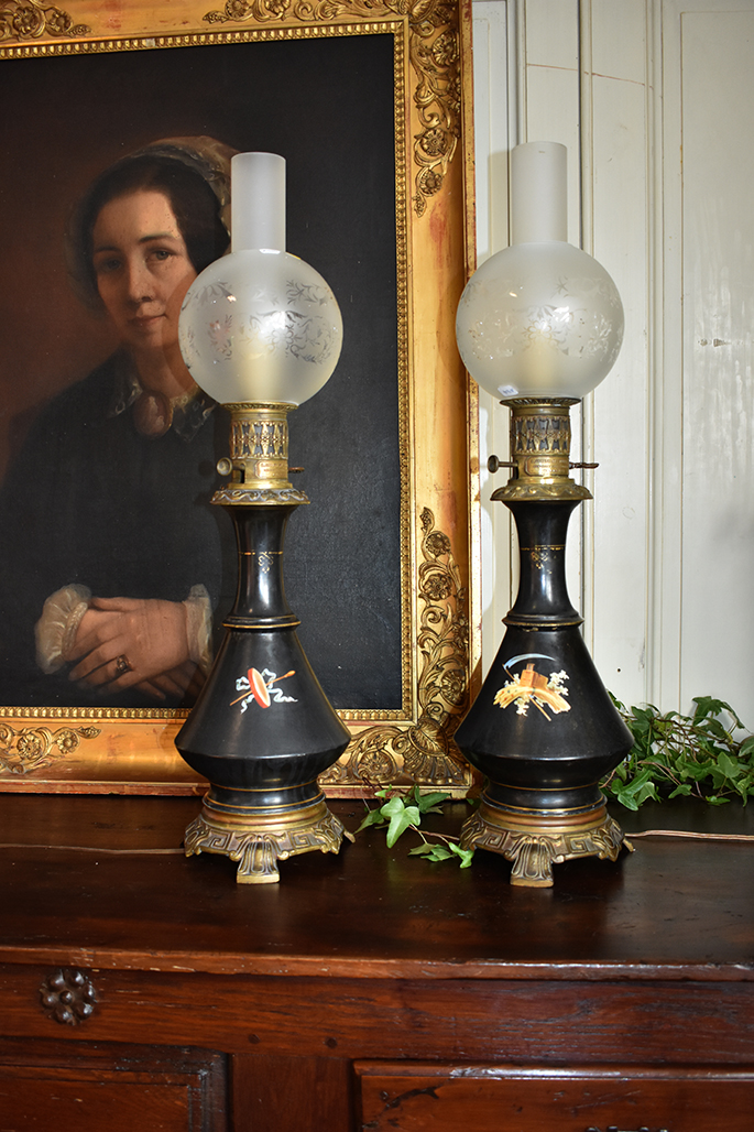 Paire De Lampes à Pétrole Napoleon III, Décor Entièrement Peint Main, XIXeme-photo-3