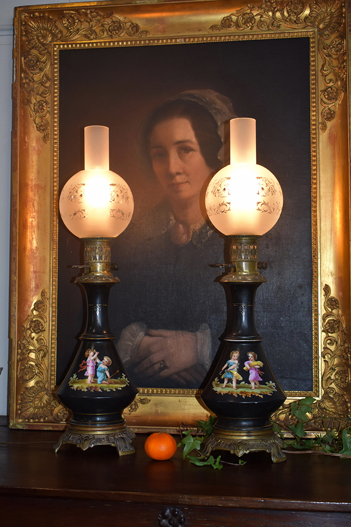 Pair Of Napoleon III Oil Lamp, Decor Fully Hand Painted, XIXth-photo-8