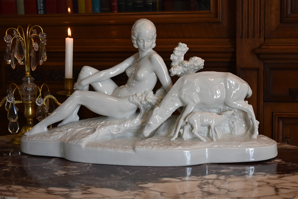 Bohumil Rezl ( 1899-1963), Grand Groupe En Porcelaine Blanche, Sculpture  Art Deco, Nu Feminin-photo-7