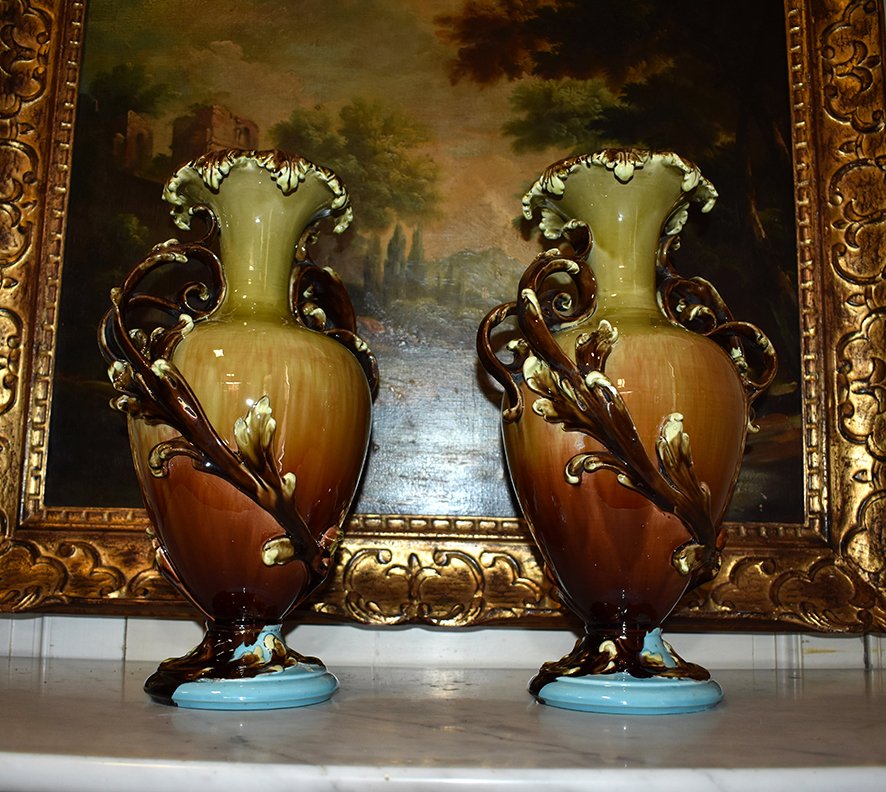Paire De Vases, Forme Balustre, Faïence Polychrome Vernissée, vers 1900-photo-2